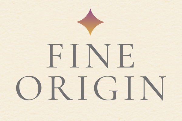 Logo of 'Fine Origin' with a diamond shape on a beige background