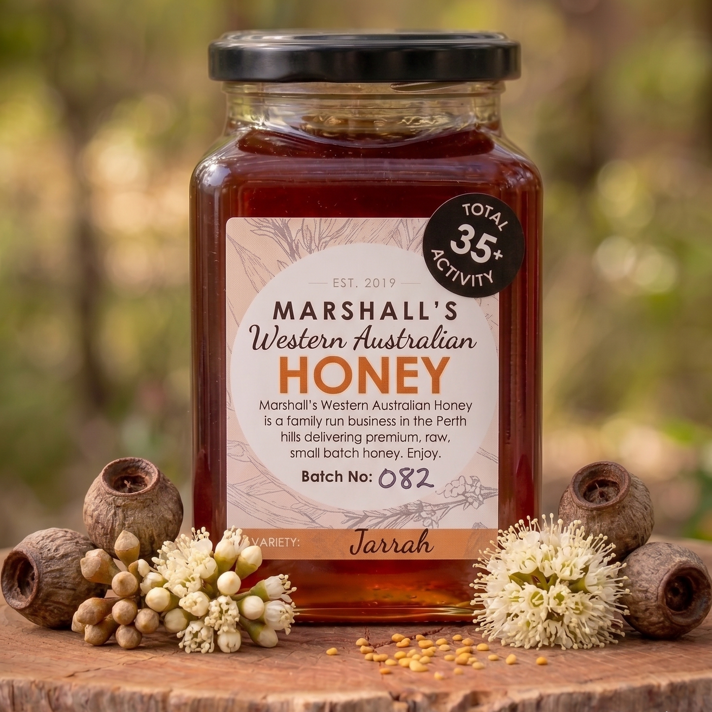 Jar of Marshall's Western Australian Honey with a natural background